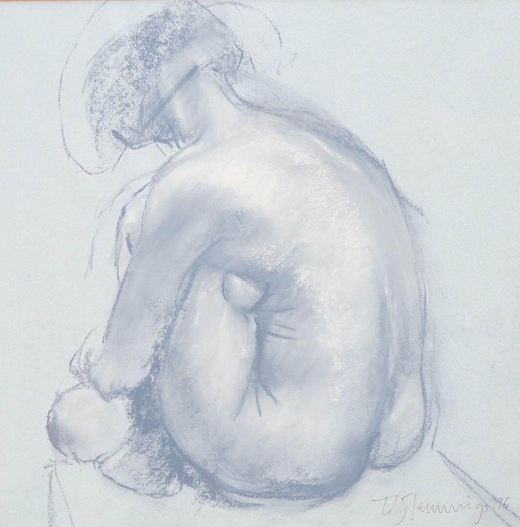 Toby Jennings (20th. C), Study of a nude woman, signed and dated '95, charcoal heightened with white, 30 x 31cm
